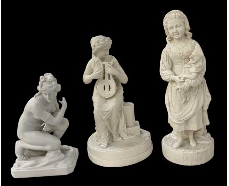 Three early 20th century French bisque porcelain figures, one of young lady holding a figure, height 32cm, a maiden playing a