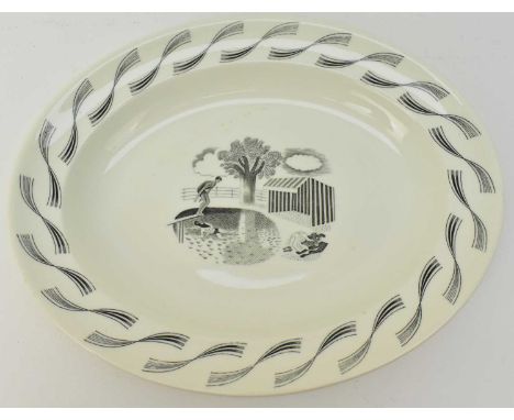 ERIC RAVILIOUS FOR WEDGWOOD; an oval meat platter decorated with the 'Garden' pattern, depicting a man diving into a pool wit