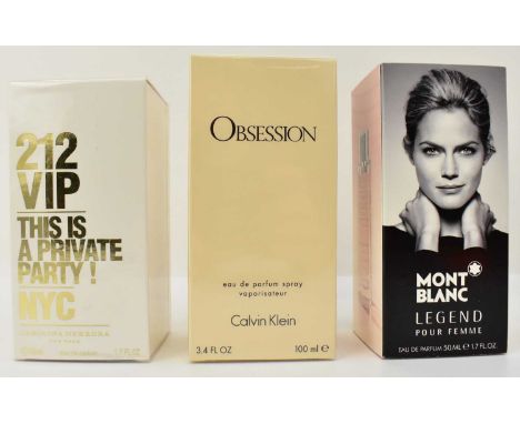 Three sealed bottles of lady's eau de parfum comprising Montblanc Legend Pour Femme 50ml, Obsession by Calvin Klein, 100ml, a