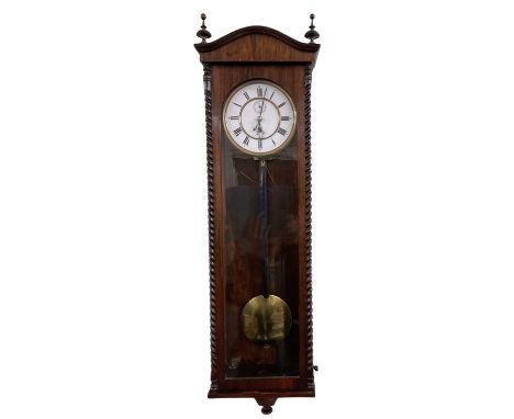 A good quality late 19th/early 20th century rosewood cased wall clock, the white enamel dial set with Roman numerals and subs