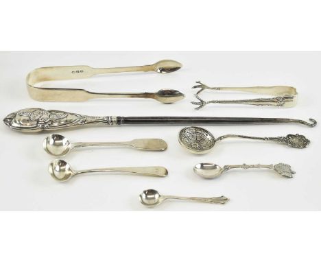 A group of hallmarked silver, Continental silver etc, comprising early 19th century large sugar tongs, length 15cm, Birmingha