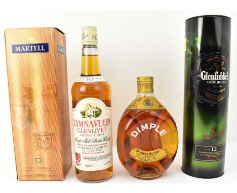 WHISKY AND COGNAC; three bottles of whisky and one bottle of Cognac, comprising Tamnavulin-Glenlivet naturally light single m