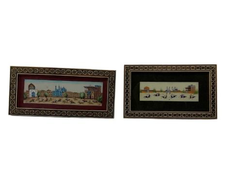 Two small Iranian miniatures painted on camel bone, the larger depicting figures on horseback with buildings in the backgroun