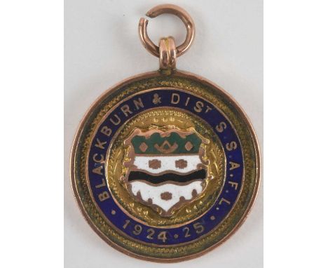 A Blackburn &amp; District Stanworth Cup amateur football league 1924-25 9ct gold winner's medal, awarded to T Standen, diame