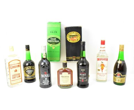 Nine bottles of various spirits and alcohol comprising KWV Full Ruby Port, 19.5%, 750ml, Club Royal Final Traditional Cream M