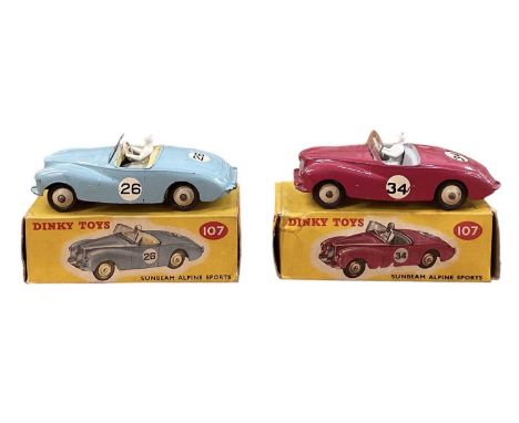 DINKY TOYS; two boxed Sunbeam Alpine sports cars, one in red colourway, the other in blue colourway, both numbered 107 (2).