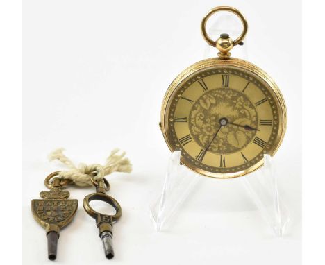 An 18k gold small open face pocket watch, the gold face set with Roman numerals, with key wind movement, floral and shield de