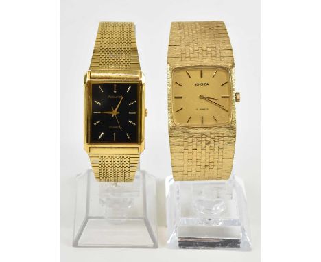 SEKONDA; two gentleman's gold plated 1970s wristwatches, one with square gold dial set with raised baton markers, with crown 