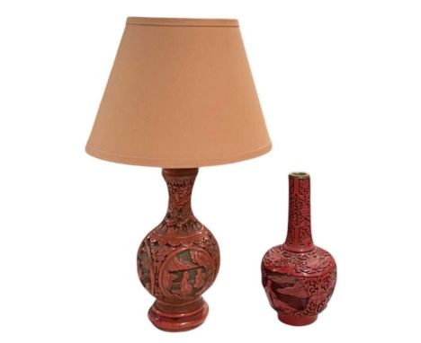 A modern Chinese cinnabar lacquer vase, height 20cm, and a further modern Chinese cinnabar lacquer vase converted to a lamp, 