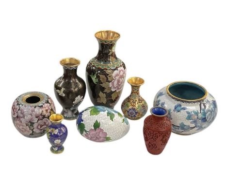 Seven pieces of modern Chinese gilt metal cloisonné enamel items including black ground floral decorated vase, height 25cm, w