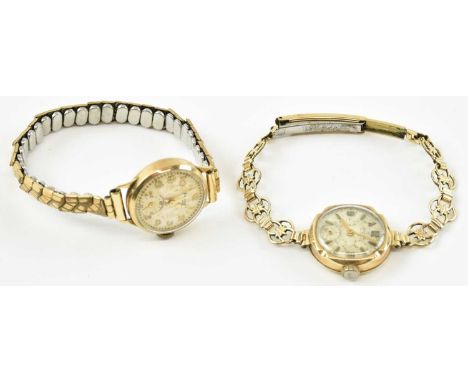 Two crown wind lady's watches, both with 9ct gold heads and gold plated straps, comprising an Accurist with silvered dial, Ar