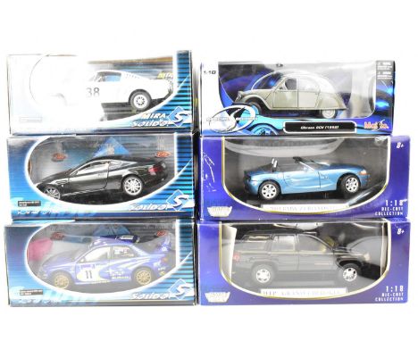 Six boxed collector's diecast scale model cars comprising Solido Ford Mustang Fastback Racing, Subaru Impreza WRC 2002 and As