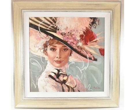 † MARK SPAIN; oil on canvas, 'Audrey Hepburn with Large Hat (Flowers)', signed lower right, 80 x 80cm, framed.