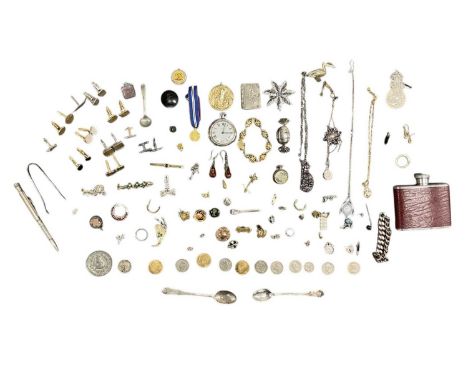 A group of mixed costume jewellery including cufflinks, brooches, rings, earrings, medals, coins, silver spoons, pocket watch