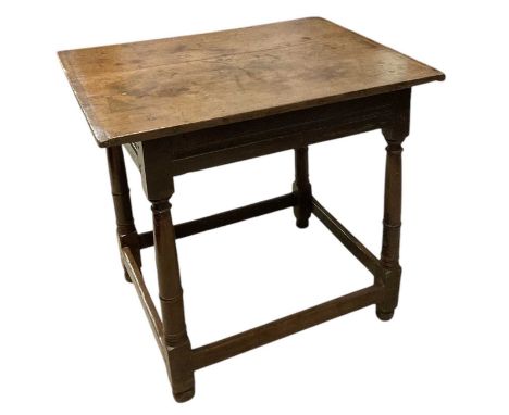 A late 18th/early 19th century oak plank top single drawer side table, top measures 75 x 60cm.