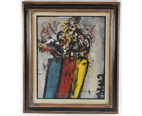 † ALAN DAVIE CBE RA HRSA (Scottish, 1920-2014); an abstract oil on board, 'Bird Catchers', signed verso and inscribed with ti