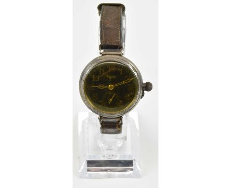 LONGINES; a WWII trench watch, the black enamel dial set with Arabic numerals and subsidiary seconds, the dial inscribed 'Lon