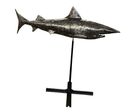 † SEBASTIAN NIMMOCK; a large scratchbuilt steel wire framed sheet metal model of a tiger shark, raised on black painted conte