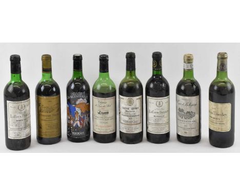 RED WINE; eight bottles comprising a 1981 Château Thieuley Bordeaux, 75cl, a bottle of Château Genibon Blanchereau, 1976, 73c