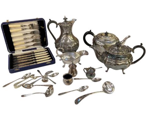 A small quantity of silver plated items including two teapots, coffee pot, sauceboat, flatware, cruet, etc.