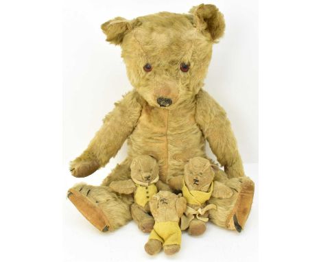 A Chad Valley style pre-1950s teddy bear, with golden mohair fur, glass eyes, stitched snout and jointed limbs, unmarked, len