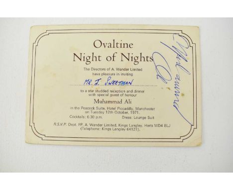 SPORTING AUTOGRAPHS; an invitation card addressed to the seller, signed to the front by Muhammad Ali in blue biro, the revers