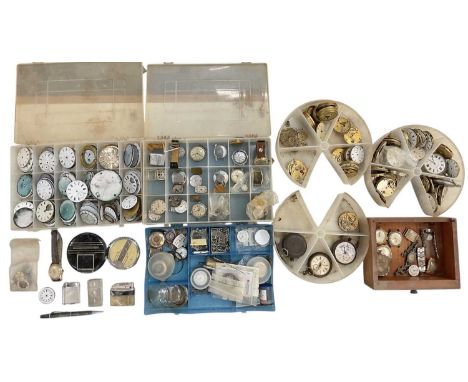 A large quantity of pocket and wristwatch dials, straps, movements and mechanisms, also some watchmaker's tools.