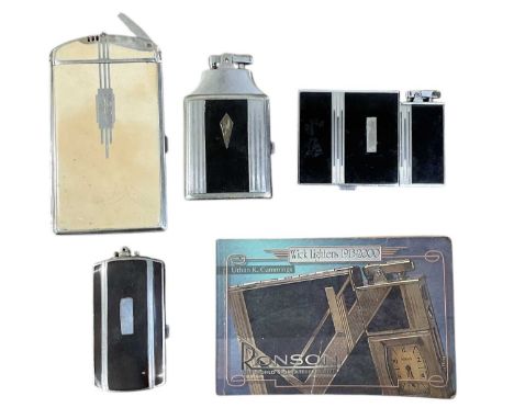 RONSON; a 1930s Art Deco chrome and black enamelled cigarette case, with built in lighter, 11 x 7cm, further Ronson chrome an