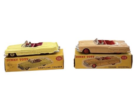 DINKY TOYS; a boxed 131 Cadillac Tourer, in yellow colourway, with driver, and a 132 Packard Convertible in beige colourway, 