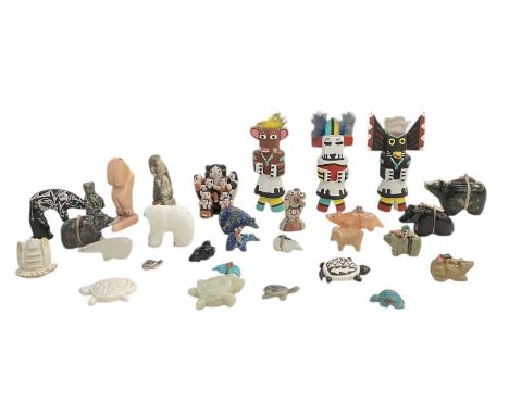 A group of American and South-West Indian fetish figures including five turtles, one a white ceramic example signed 'Concho',