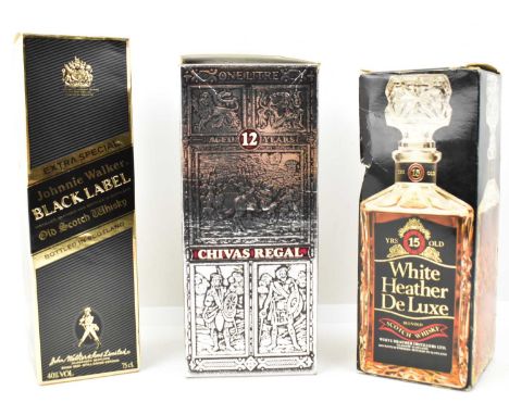 WHISKY; three bottles comprising White Heather de luxe 15 year old blended whisky, 40%, 75cl, boxed, Johnnie Walker Black Lab