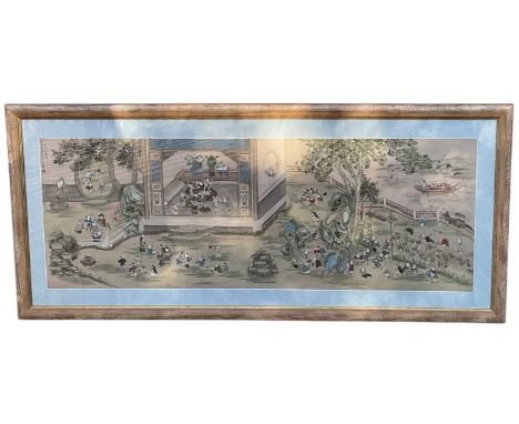 A late 19th/early 20th century large and impressive watercolour on silk painting, depicting 'One Hundred Children' playing ga