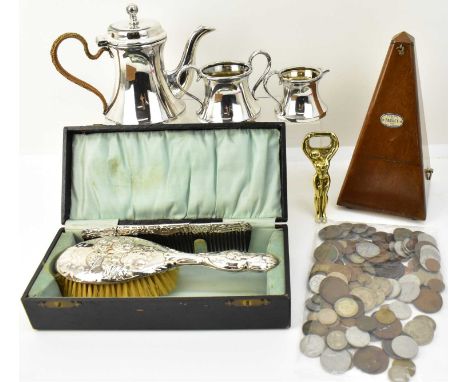 A group of various mixed collectables comprising a small three piece bachelor's silver plated tea set, height of teapot 15cm,