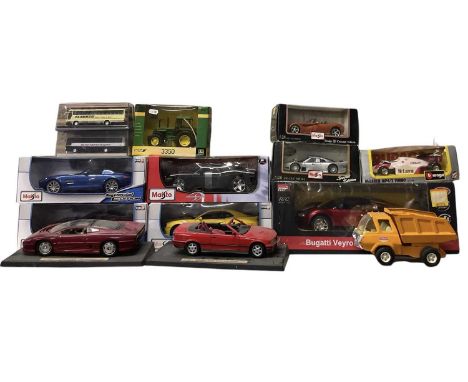 Six large boxed model vehicles comprising a Bugatti Veyron 16.4 Grand Sport, Maisto Mercedes-Benz SLS AMG, 2014 Corvette Stin