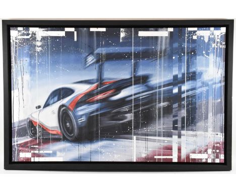 † KRIS HARDY; oil on canvas, 'Entering the Chicane', signed lower right, 71 x 112cm, framed.