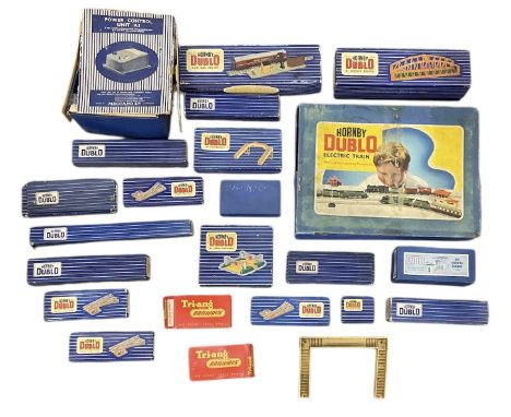 HORNBY; a quantity of OO gauge railway, station parts, track, carriages and engines including T.P.O Mail Van Set, a power con