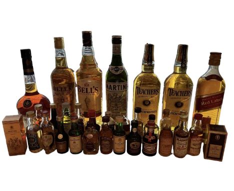 MIXED ALCOHOL; a group of bottles of mainly whisky, including Johnnie Walker Red Label, Bell's Scotch whisky, Teacher's Highl