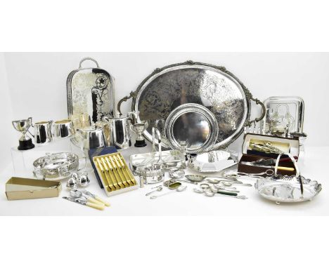 Various items of mixed silver plate including four piece tea set, large tray, smaller trays, cutlery, cruet, baskets, trophie