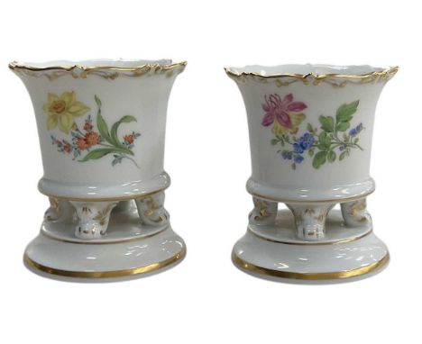 MEISSEN; a pair of modern hand painted floral decorated miniature porcelain vases, both height 8.5cm, diameter 7cm (2).