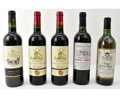 Five bottles of red and white wine including Moulin de Saint-Félix, 13%, 75cl, and Relais de Pouillac 2013, 13.5%, 750ml (5).