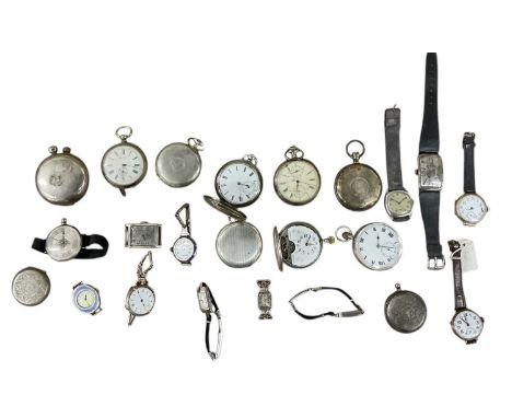 A collection of hallmarked silver and white metal wristwatches and pocket watches, including six silver lady's wristwatches, 