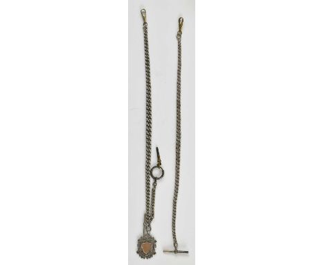 Two hallmarked silver pocket watch chains, one with brass swivel clasp and T-bar, length 34cm, the other with steel key ring 