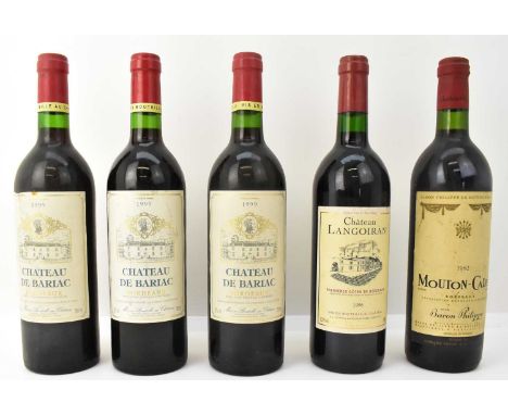 RED WINE; five bottles of mixed red wine comprising a 1982 Mouton-Cadet Bordeaux, three bottles of 1999 Château de Bariac, 12