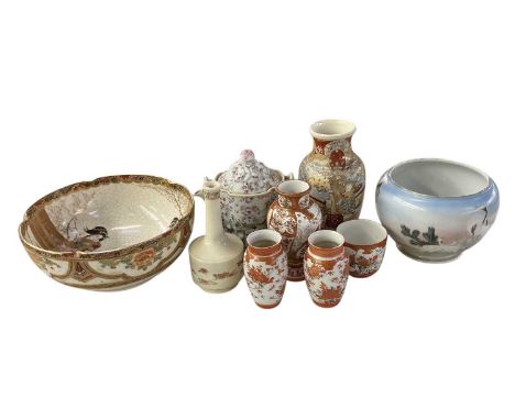 Nine pieces of early 20th century and later Japanese ceramics including Satsuma bowl, diameter 25cm, Satsuma vase, height 21c