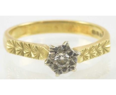 An 18ct gold Edwardian style ring, with small diamond chip in platinum illusion setting, size O, approx 3.5g.