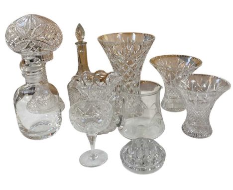 A quantity of cut and crystal glassware, including an early 20th century cut glass mushroom lamp with shade, height 31cm, lea