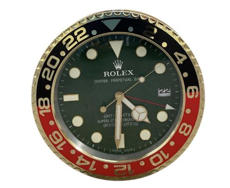 A decorative Rolex GMT-Master Oyster Perpetual Date style dealer's wall clock, the green dial set with subsidiary seconds and