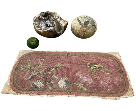 A group of collector's items comprising a 19th century taxidermy armadillo basket/bag, with material lining, diameter 18cm, a