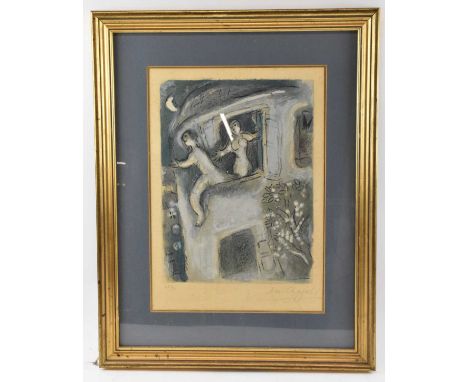 † MARC CHAGALL (1887-1985); a signed limited edition print of two figures leaping from a window, signed in pencil lower right