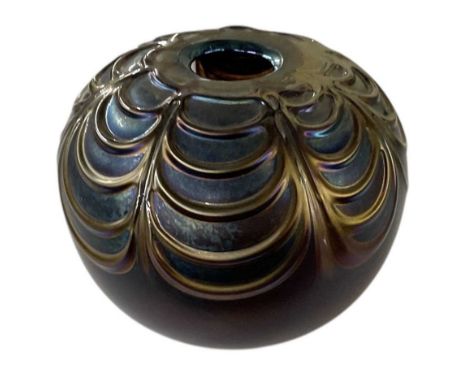 † JOHN DITCHFIELD FOR GLASFORM; a large bulbous hand blown glass vase, with Art Deco trailed glass swags on an iridescent blu